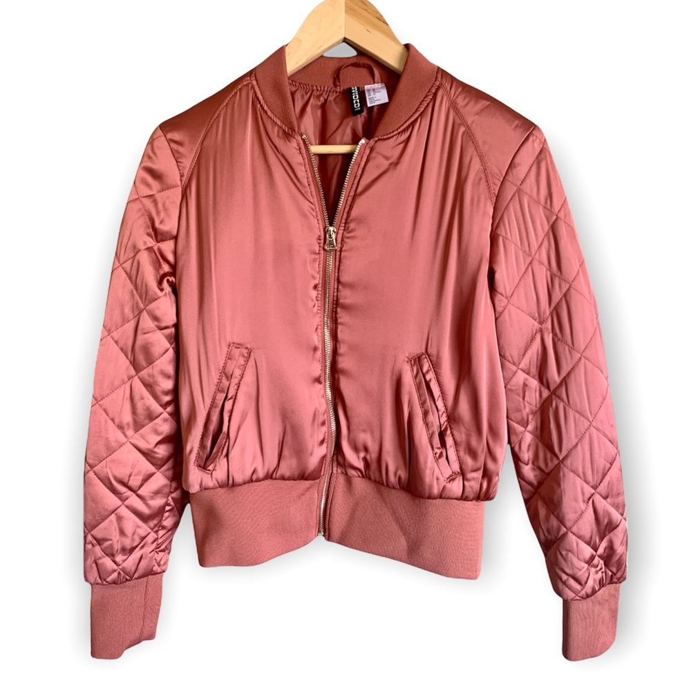 H&M Rose Gold Varsity Bomber Jacket Size 10 /Medium Quilted Patterned Sleeves